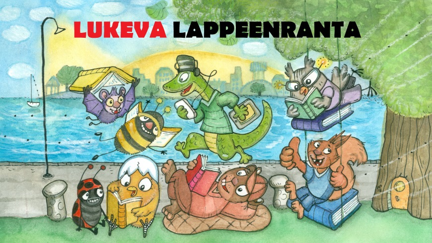 Piirroshahmot pöllö, orava, krokotiili ja muut eläinystävät lukevat kirjoja puun alla.
